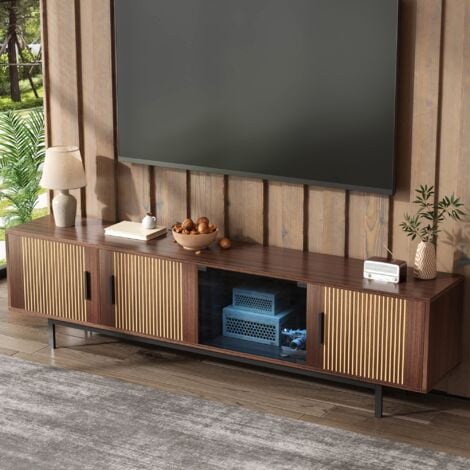 Meuble TV 200 cm, rectangulaire, avec 4 portes, LED, porte en verre, rangement, texture sculptée, scandinave, Meuble de salon en bois - naturel
