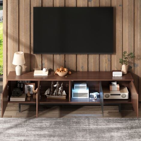 Meuble TV 200 cm, rectangulaire, avec 4 portes, LED, porte en verre, rangement, texture sculptée, scandinave, Meuble de salon en bois - naturel