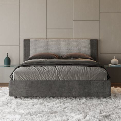 Letto Matrimoniale rivestito in Tessuto Labirinto - ROSAL - Colore: Grigio/Grigio - Tipologia Letto: Con Rete e Contenitore - Dimensione Rete: 160x190 (1/5)