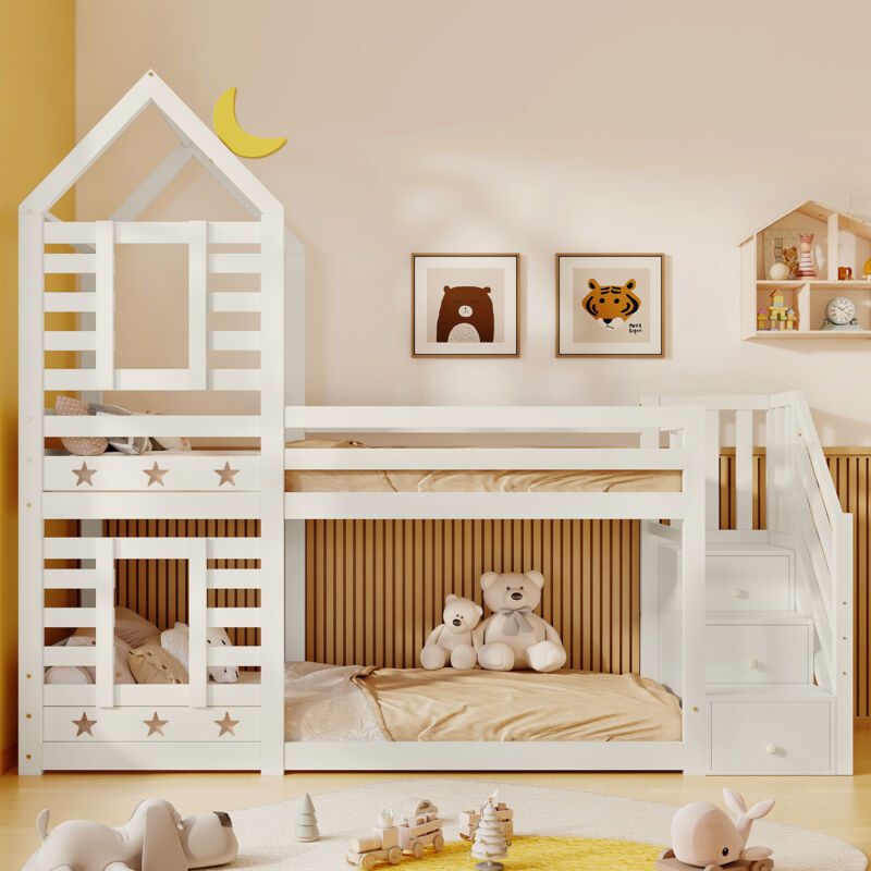 Lit Cabane Superposé Enfants 90x200 - Lit Mezzanine 2 Places Avec échelle, Protection Anti-chute, Bois Naturel/blanc/rose