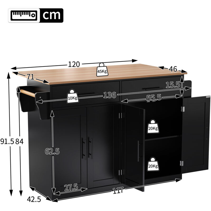 Desserte/buffet De Salle à Manger 139 X 46 (71) X 91,5 Cm, Structure Noire, Plateau En Bois