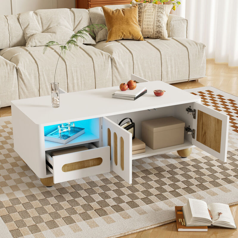 Table Basse Moderne Merax - Blanc & Bois, 4 Portes, 2 Tiroirs, LED RGB, 105x50x40 Cm