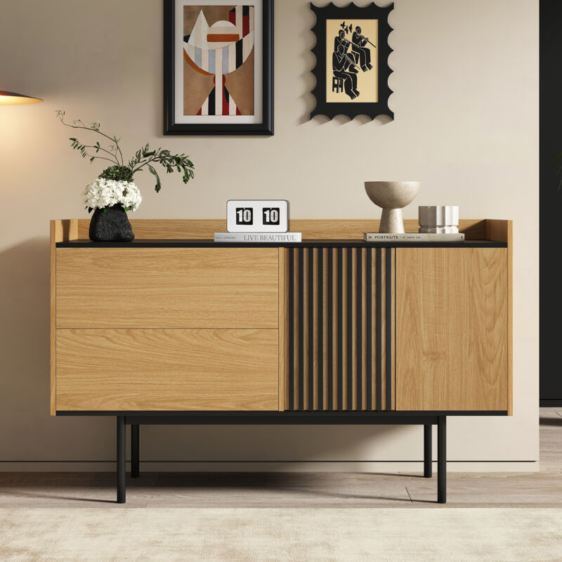 Meuble Buffet Design Moderne 130×40×80,5 Cm – Noyer + Noir, 2 Tiroirs + Étagères Réglables, Salon Ou Salle à Manger
