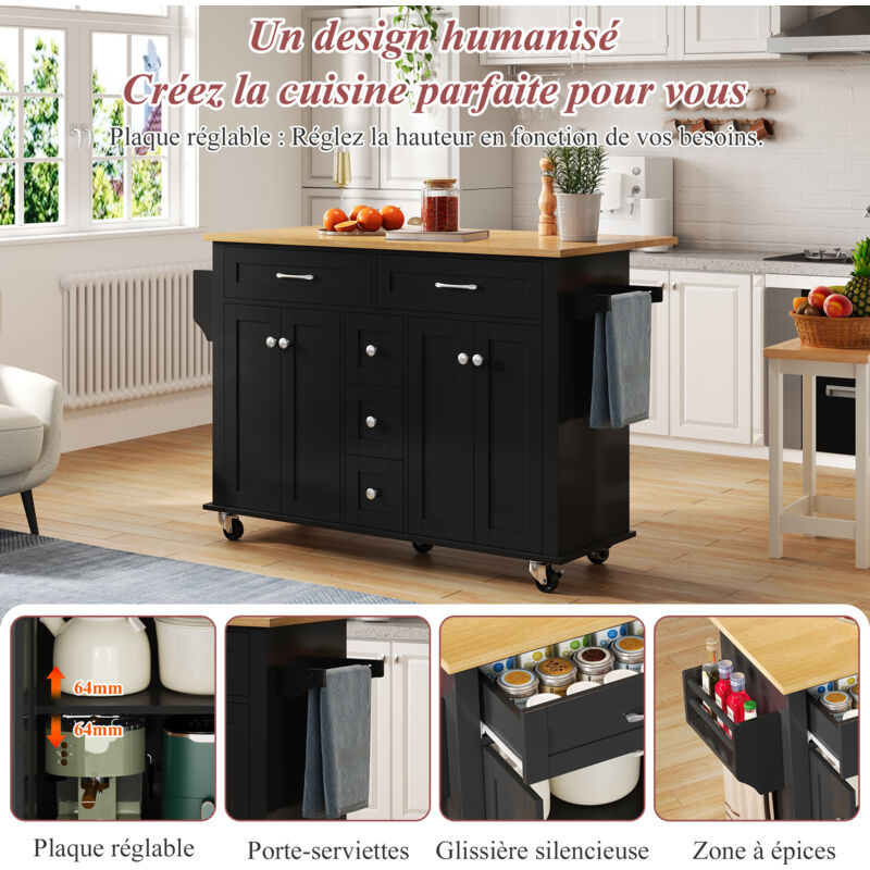 Desserte De Cuisine à Roulettes 120×40/65×90 Cm, 2 Tiroirs, 2 Portes Meuble Cuisine Mdf Blanc 87696994