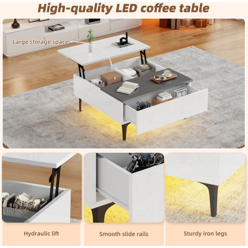 Table Basse Carrée 70x70cm Avec éclairage LED - Plateau Verre Trempé, Creux Central - Contrôle Par App, Alimentation USB - Noir Laqué
