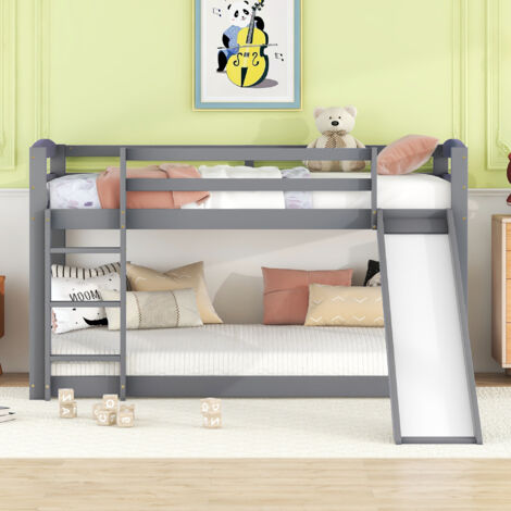 Lit superposé/mezzanine, lit enfant 90x200cm avec protection, bois et MDF, gris, avec toboggan