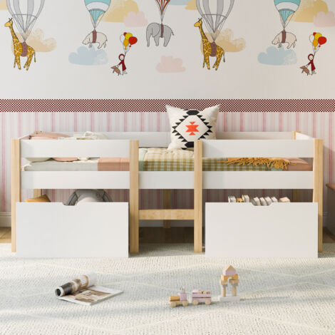 Hauss Spole – Lit enfant mi-hauteur avec protection antichute – Bois de pin massif – 90 x 190 cm – 2 tiroirs avec roulettes – Accès facile par échelle