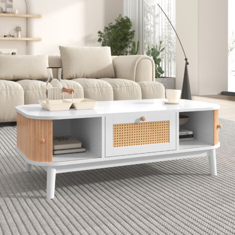 Hauss Spole – Table basse fixe 110 x 55 x 38,5 cm – Rotin et bois massif – 1 tiroir et portes coulissantes – Charge 50 kg – Blanc et naturel