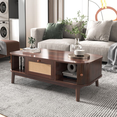 Hauss Spole – Table basse fixe 110 x 55 x 38,5 cm – Rotin et bois massif – 1 tiroir et portes coulissantes – Charge 50 kg – Marron et naturel