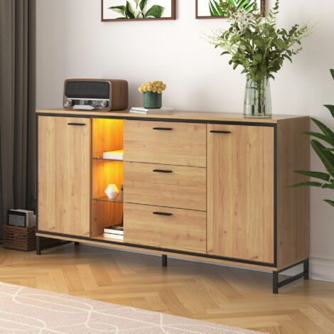 Hauss Spole – Buffet commode 160 x 40 x 85 cm – 2 portes et 3 tiroirs – Panneaux de particules – Éclairage LED intégré – Design naturel - commode160