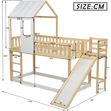 Lit Superposé Cabane En Bois Avec Toboggan Et Escalier - 90x200 Cm - Pin Et Métal, Blanc - Sans Matelas - 8