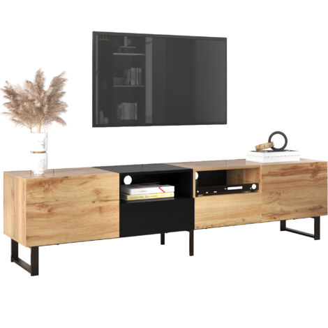 Meuble TV moderne avec grande rangement, construction robuste, 190x38x48 cm, Noir et Naturel (1/5)