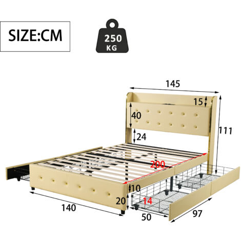 Lit Double Enfant Fille 140x200 Cm - Tête De Lit Fleur Velours, Réglable En Hauteur, Sans Matelas