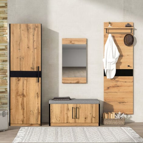 Ensemble de meubles d'entrée 4 pièces avec 1 armoire, 1 armoire murale pratique, 1 banc et 1 miroir, 190 cm de hauteur, marron