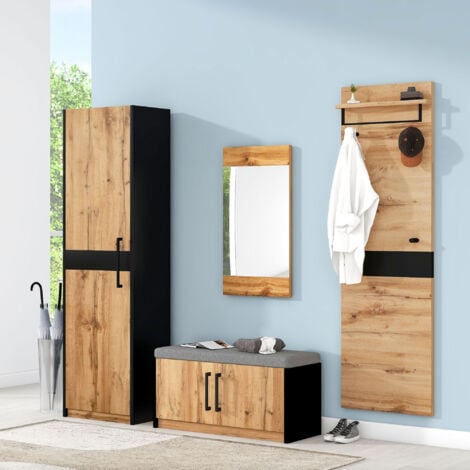 Ensemble de meubles d'entrée 4 pièces avec 1 armoire, 1 armoire murale pratique, 1 banc et 1 miroir, 190 cm de hauteur, marron