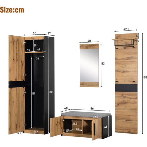Ensemble de meubles d'entrée 4 pièces avec 1 armoire, 1 armoire murale pratique, 1 banc et 1 miroir, 190 cm de hauteur, marron