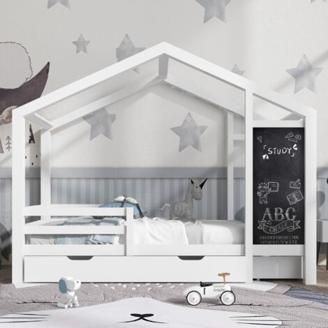 Lit cabane en bois massif avec tableau et 2 tiroirs, Lit enfant 90 x 200 cm barrière et sommier, Blanc - Sans Matelas