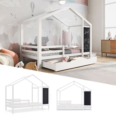 Lit cabane en bois massif avec tableau et 2 tiroirs, Lit enfant 90 x 200 cm barrière et sommier, Blanc - Sans Matelas