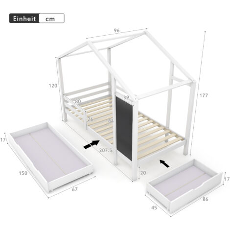 Lit cabane en bois massif avec tableau et 2 tiroirs, Lit enfant 90 x 200 cm barrière et sommier, Blanc - Sans Matelas