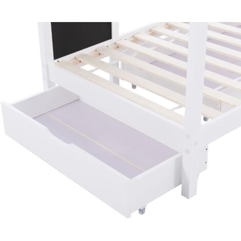 Lit cabane en bois massif avec tableau et 2 tiroirs, Lit enfant 90 x 200 cm barrière et sommier, Blanc - Sans Matelas