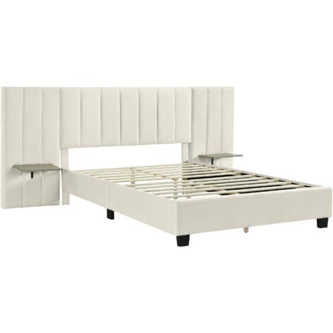 Lit capitonné, lit double avec tête de lit et dossier allongés, avec sommier à lattes, velours - 160 x 200 cm, beige