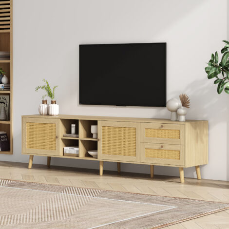 Meuble TV En Rotin 200cm BTM - Rangement Salon Avec Pieds Bois Massif - Style Naturel Et Élégant