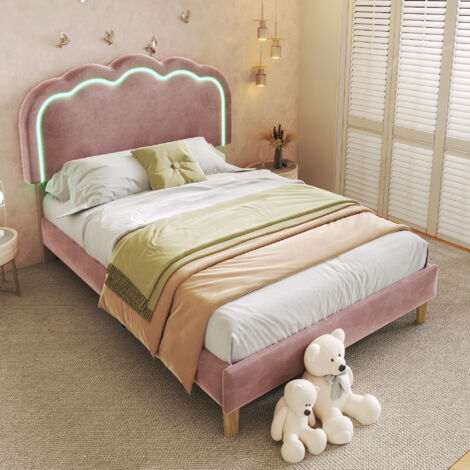 Hauss Spole – Lit adulte 90 x 190 cm avec tête de lit LED réglable – Velours rose – Installation facile – Cadre robuste sans matelas