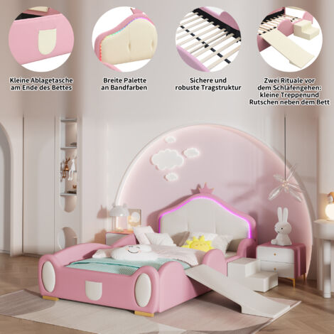 Lit Fille 90x200 Avec Tête De Lit Couronne Et Éclairage LED - Cadre Rembourré Blanc Et Rose - Sommier à Lattes Inclus - Pour Chambre D'Enfant