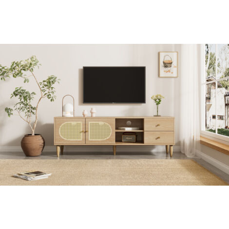 Meuble TV 200cm En Rotin Et Bois - Style Naturel Avec Rangements - Brun Clair Pour Salon Ou Chambre