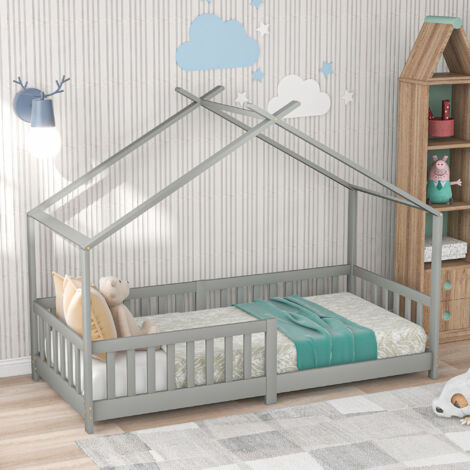 Lit cabane enfant 90 x 200 cm, clôture et sommier à lattes, protection antichute, gris, sans matelas