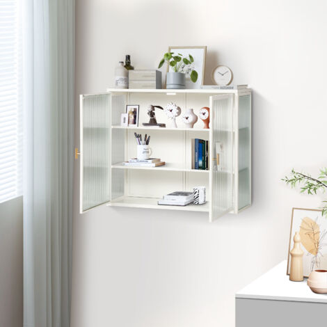 Armoire Murale Rétro En Verre Avec étagères Amovibles - Rangement Salon, Cuisine, Bureau, Blanc, Porte Aimantée
