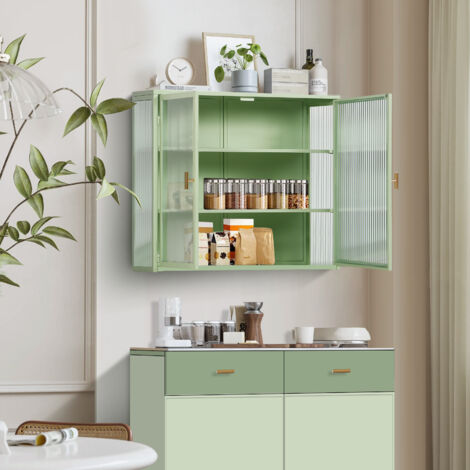Armoire murale, Meuble de rangement de salle de bain 70x23x60cm, porte vitrée, moderne, trois couches, salon/cuisine, vert