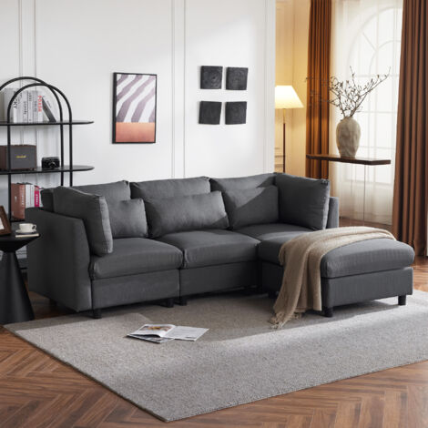 Hauss Spole – Canapé d'angle 3 places en lin gris – Dimensions 220x83x65cm – Repose-pieds amovible – Coussins inclus pour confort optimal (1/5)