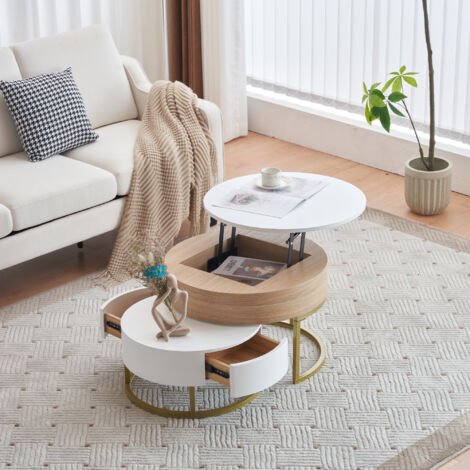 Hauss Spole – Table basse gigogne 2-en-1 – Dimensions 70x70x42/56,5 + 60x60x24cm – 2 tiroirs – MDF blanc et couleur bois