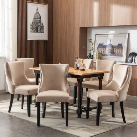 Chaises de salle à manger, cadre en bois, chaises de salon/cuisine, salle à manger, velours, 6 pcs, beige (1/5)