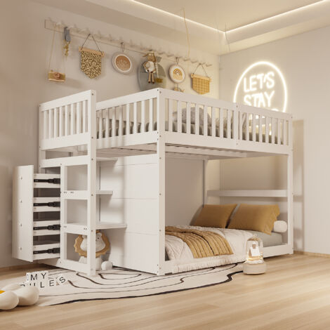 Hauss Spole – Lit superposé 140x200 cm en bois blanc – Barrière de sécurité – 4 tiroirs de rangement – Escaliers en bois durable