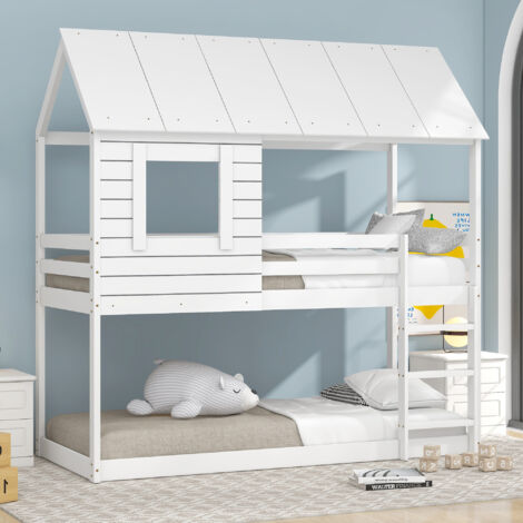 Lit Superposé Cabane En Bois Avec Toboggan Et Escalier - 90x200 Cm - Pin Et Métal, Blanc - Sans Matelas - 11