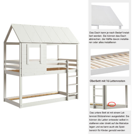 Lit Superposé Cabane En Bois Avec Toboggan , Avec Rail De Protection 90 X 200 Cm Blanc