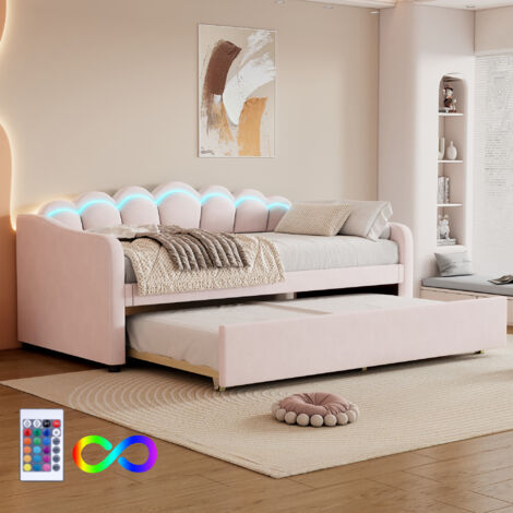 Hauss Spole – Lit gigogne enfant 90x200 cm – Canapé convertible en velours rose – Éclairage LED réglable – Lit supplémentaire 90x190 cm sans matelas
