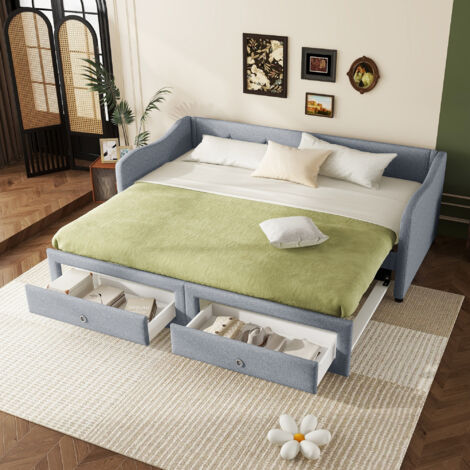 Canapé-lit 1 Personne 90x200cm Avec Tiroirs Et éclairage LED - Banquette Rembourrée, Ports USB, Sommier à Lattes - 3