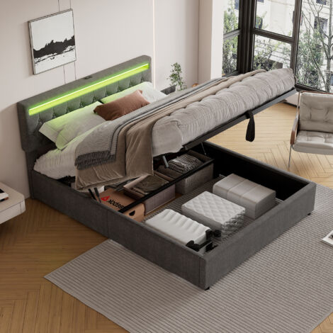 Lit coffre hydraulique, lit adulte, lit double, LED, télécommande, USB, prise Type-C, lin - 160x200 cm, gris, sans matelas (1/5)