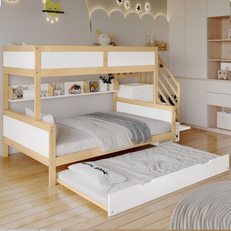 Hauss Spole – Lit superposé 90x200cm avec lit gigogne – Armoire intégrée – Construction en pin et MDF – Dimensions 252x128,5x148cm – Couleur blanc+naturel (1/5)
