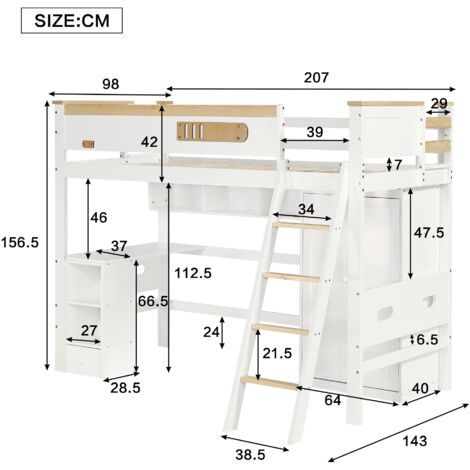 Lit Superposé Enfant 90x200 Cm Avec Armoire Latérale Et 6 étagères