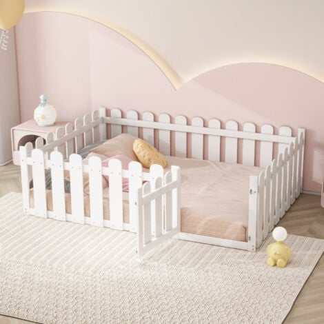 Lit enfant, cadre de lit en bois avec cadre de sécurité et porte, lit cabane, lit double 140 x 200 cm, blanc