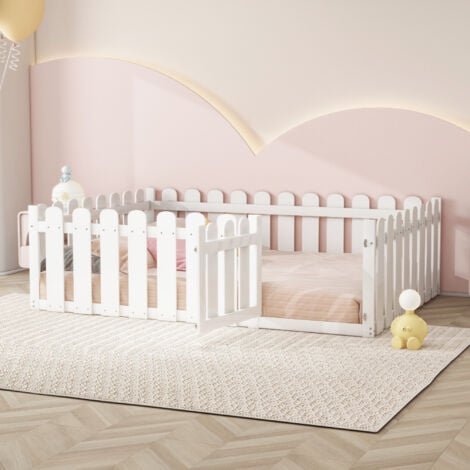 Lit enfant, cadre de lit en bois avec cadre de sécurité et porte, lit cabane, lit double 140 x 200 cm, blanc