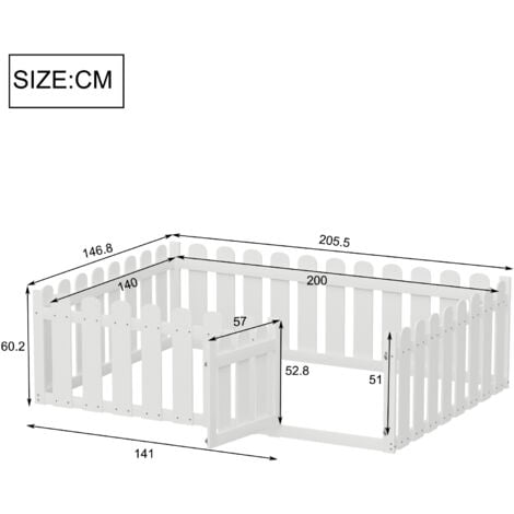 Lit enfant, cadre de lit en bois avec cadre de sécurité et porte, lit cabane, lit double 140 x 200 cm, blanc