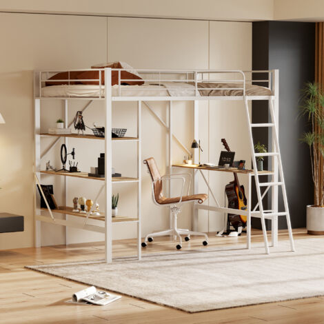 Hauss Spole – Lit mezzanine 90x200 cm en métal et MDF – Bureau plat et 3 étagères – Hauteur 180,5 cm – Capacité 120 kg – Lit enfant blanc