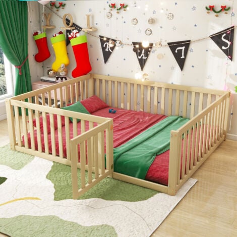 Lit enfant 140 x 200cm avec barrière et porte, lit cabane, lit simple, naturel, sans matelas