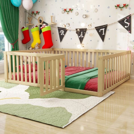 Lit enfant 140 x 200cm avec barrière et porte, lit cabane, lit simple, naturel, sans matelas