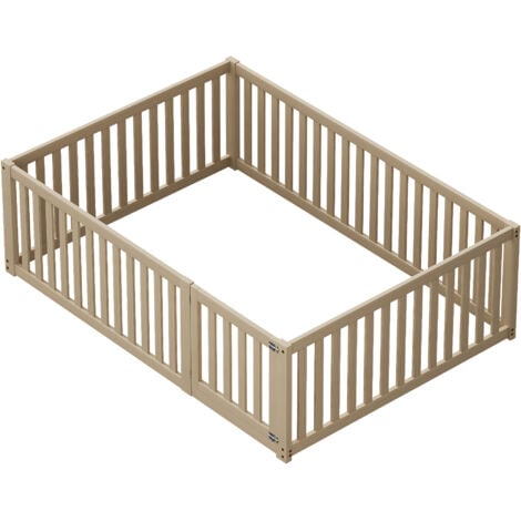 Lit enfant 140 x 200cm avec barrière et porte, lit cabane, lit simple, naturel, sans matelas